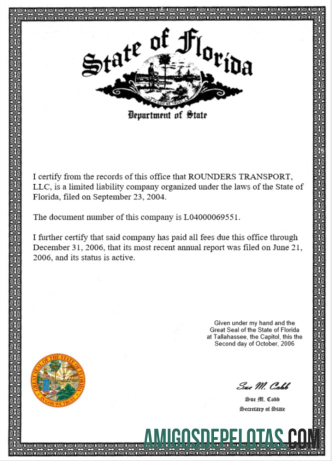 Certificado realista de licença comercial do estado da Flórida nos EUA, modelo Word e PDF